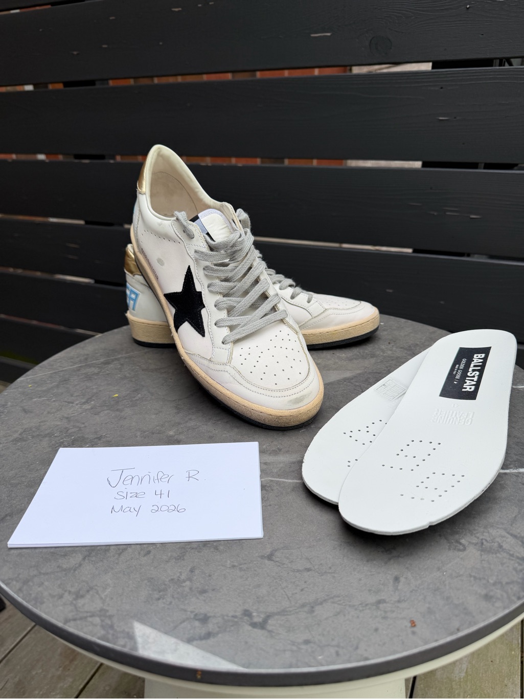 Golden Goose White Leather Ballstars With Black Star And Gold And Baby Blue